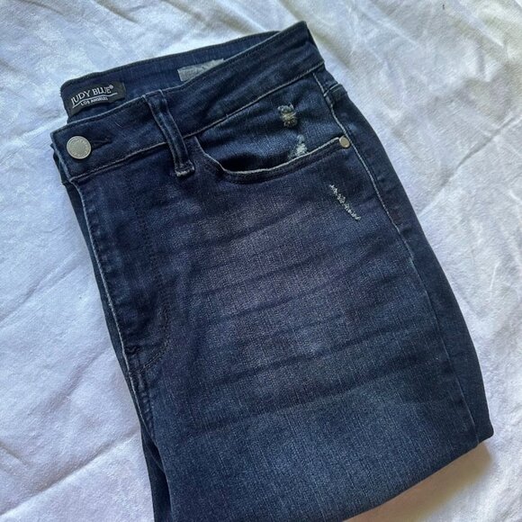Judy Blue Denim - Judy Blue Navy Dark Wash High-Rise Boyfriend Jeans Size 13/31 Distressed Details